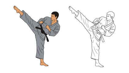A karate practitioner in a gray gi performing a high kick in silhouette mode