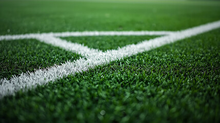 A low-angle photograph showcases a vibrant green football field, marked by sharp white boundary lines and fresh artificial turf. The shallow depth of field highlights ultra-sharp grass blades in the f