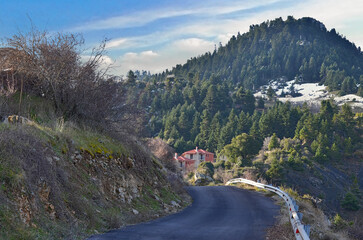 Scenic Road Trip to a Mountain House in Arcadia with Snowy Peak