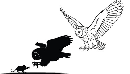 A black and white illustration of an owl catching a mouse in silhouette mode