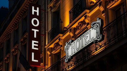 Obraz premium Close-up of a hotel facade at night with illuminated signs and ornate details, against a dark background.