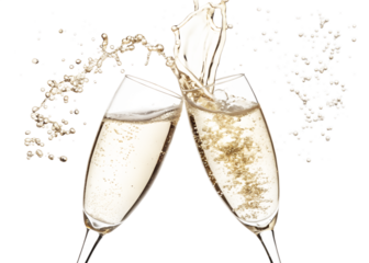 Two champagne glasses toasting with a splash of bubbly, isolated on transparent background