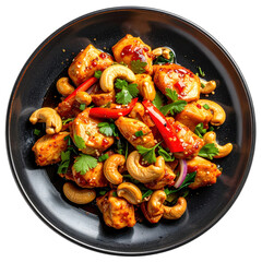 A vibrant chicken stir-fry dish with whole cashews, zucchini, and mushrooms, shot on dark and isolated on white background.