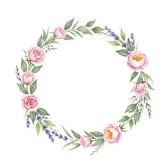 Obraz premium Watercolor Floral Wreath Frame with Pastel Flowers and Green Leaves