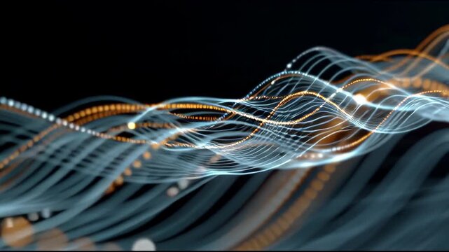 Abstract background with swirling lines and dots in shades of blue and orange on a black background.