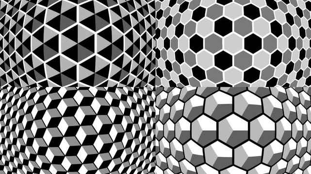 Grayscale geometric patterns including triangles hexagons and cubes.