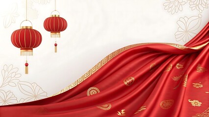 Chinese new year background with red lanterns and elegant silk fabric draping