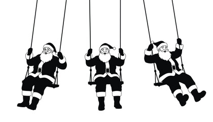 Three silhouettes of Santa Claus swinging on ropes in a playful scene silhouette