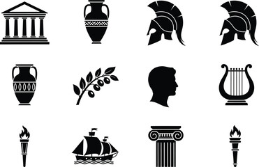 Black Silhouette Icons of Ancient Greek and Roman Symbols vector illustration