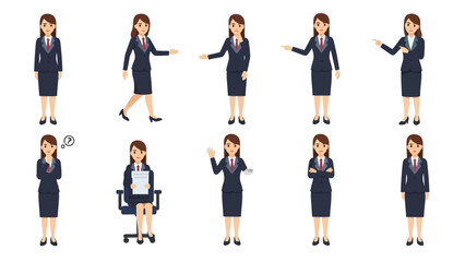 Obraz premium Professional Businesswoman Character Set Illustration with Ten Diverse Poses and Actions Including Walking Pointing Thinking Sitting and Waving in Flat Style.