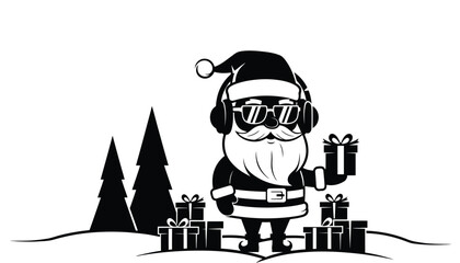 A cool Santa Claus wearing sunglasses and headphones silhouette at Christmas time