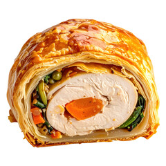 An elegant individual Chicken Wellington, cleanly isolated on a crisp white background for maximum versatility in design projects.