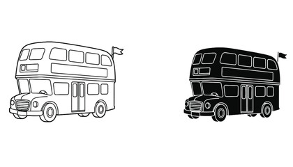 A black and white illustration of a classic double-decker bus in silhouette mode