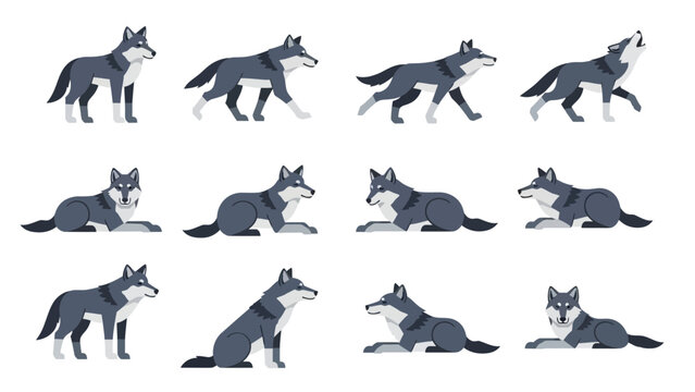Wolf Character Design Set with Various Poses Including Running Howling Sitting and Lying Down Flat Vector Illustration for Animation and Game Development Pack.