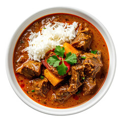 Traditional coconut beef curry with a thick, creamy gravy, cleanly isolated on a crisp white background for maximum versatility.