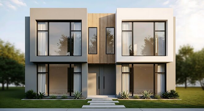 Modern duplex residential house exterior with symmetrical contemporary architecture. Real estate concept