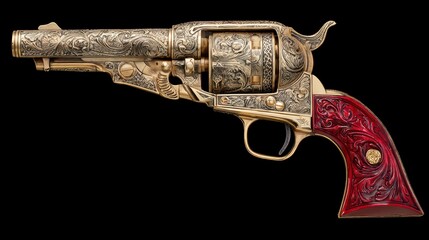 Ornate firearm with intricate engravings and a vibrant red handle, set against a stark black backdrop