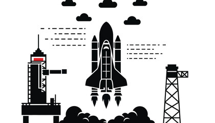 A rocket ship launching into space with a dramatic silhouette effect
