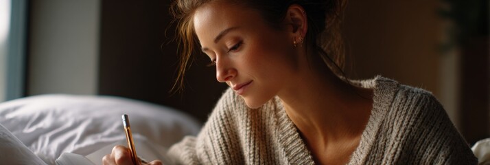 Young caucasian female writing in cozy atmosphere