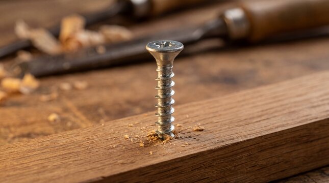 Macro close up of single silver phillips head screw driven halfway into oak wood plank with sawdust on carpenter workbench with blurred tools background