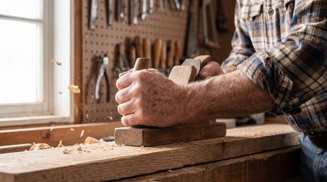 Senior craftsman hands working with vintage wooden planer on rough oak plank in rustic carpentry workshop with window light and flying sawdust shavings - Powered by Adobe