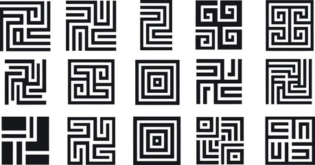 Fifteen Black Geometric Abstract Maze and Swirl Patterns vector illustration