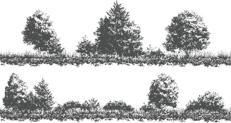 Two horizontal rows of stylized trees and grass silhouettes in dark gray on white background nature foliage © appl