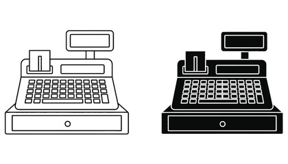 A black and white illustration of two cash registers side by side silhouette