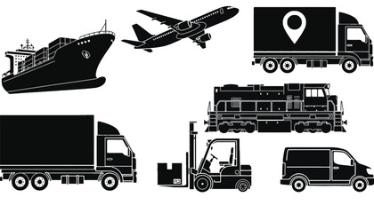 A collection of transportation vehicles in silhouette mode on a white background