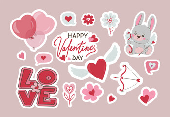 set of stickers Valentine s Day themed vector illustration with cute bunny, heart balloons, cupid s bow, and festive typography. Perfect for romantic greeting cards and holiday decorations.