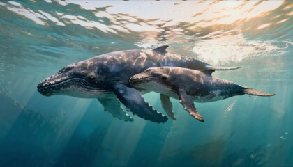 mother whale and calf swimming in clear ocean perfect for world whale day