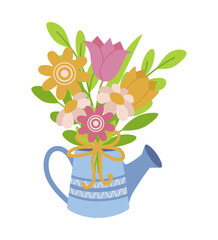 Colorful bouquet of flowers arranged in a decorative watering can, showcasing bright hues and leafy accents. Perfect for garden-themed designs and nature-inspired projects.
