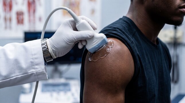 Doctor hand examining shoulder of athletic African American man with ultrasound probe and gel during a sports medicine checkup in a professional clinic
