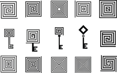 Fifteen Black Geometric Swirl Squares and Key Icons on White greek key pattern