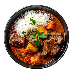 Fragrant coconut lamb stew in a dark bowl, a traditional dish with tender lamb chunks and root vegetables simmered in coconut milk and spices.