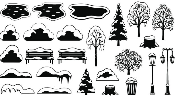 A collection of winter scenery silhouettes in black and white silhouette mode