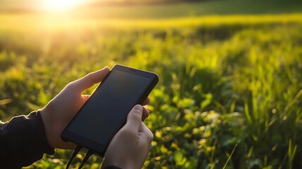 Person using smartphone in green nature setting