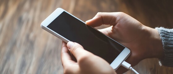 Person holding a smartphone with a charger.