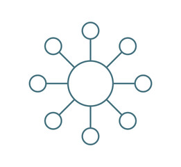 A simple icon of a central circle connected to eight outer circles, representing network, connection, distribution, hub, or system isolated on transparent background.