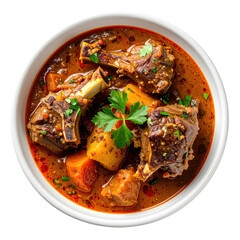 Hearty coconut lamb stew with potatoes and carrots, isolated on white background, perfect for highlighting exotic and traditional cuisine concepts.