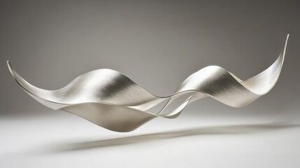 Abstract sculpture of intertwined ribbons in brushed aluminum