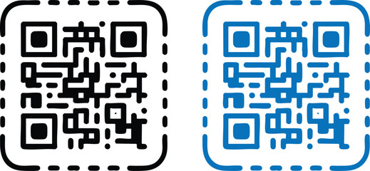 Black and Blue QR Code Variations, Two Stylized Quick Response Codes, Set of Modern QR Code Graphics, Digital Scan Icons with Dotted Borders, silhouette, illustration, vector.