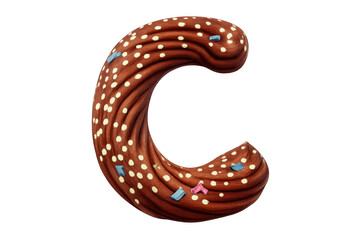 Chocolate letter c rendered in 3d with a delicious texture, topped with white sprinkles and colorful candy confetti