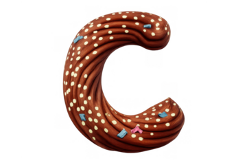 Chocolate letter c rendered in 3d with a delicious texture, topped with white sprinkles and colorful candy confetti