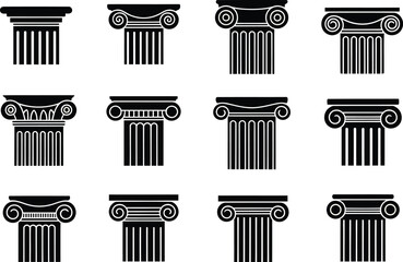 Twelve Black Ionic Column Capitals and Pillars in Grid Keywords: column, capital, ionic, greek, roman, architecture, ancient, pillar, support