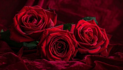 Three Red Roses on Velvet Fabric, Symbolizing Love and Passion.