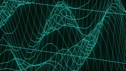 A three dimensional wireframe mesh grid rendered in bright cyan lines against a dark background creating a topographical landscape or data visualization effect with a prominent peak - Powered by Adobe
