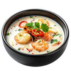 Spicy coconut seafood soup with lemongrass and kaffir lime leaves in a dark bowl, warmly isolated on a plain white background.