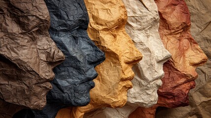 Close-up of multiple stylized human profiles, each created from crumpled paper, diverse in skin tones, representing unity