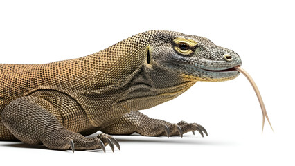 Obraz premium Realistic image of a Komodo dragon with its tongue sticking out, isolated on a clean white background, showing detailed scales and the iconic prehistoric reptile look.